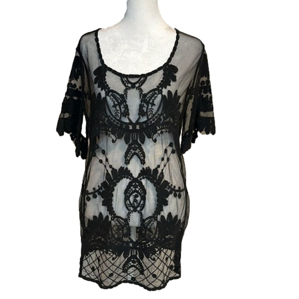 Umgee BOHO beautiful black lack sheer mesh embroidered tunic top NWOT S/M